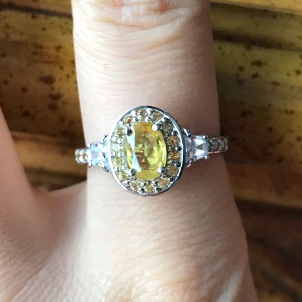 Natural Yellow Sapphire Sterling Silver Halo Ring Size 9